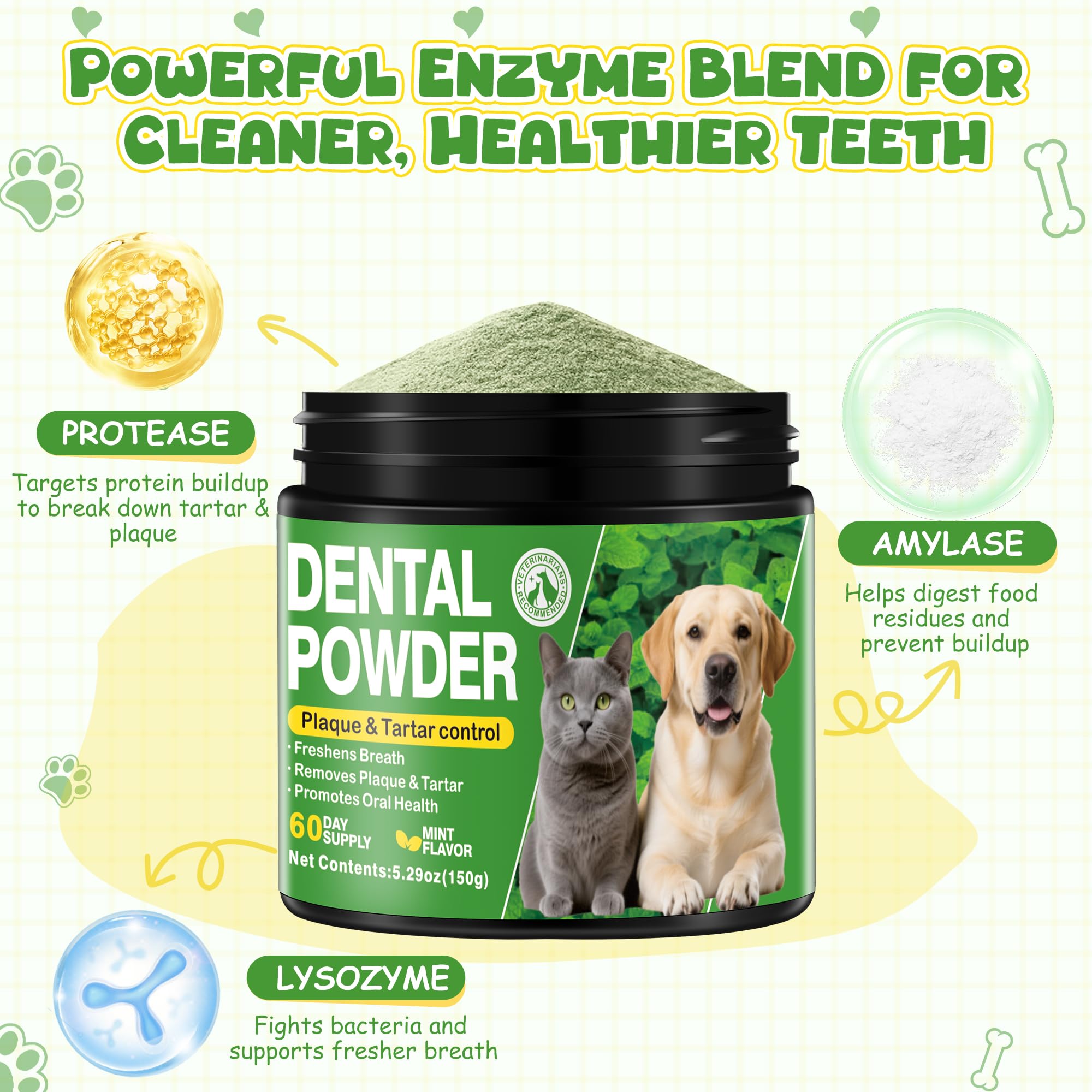 Dog Teeth Cleaning Powder, Dog Dental Powder and Cats Breath Freshener, Plaque Off, Bad Breath & Tartar Remover for Dogs, Dog Teeth Cleaning with Enzymes- 60-Day Supply -Mint Flavor - image 2