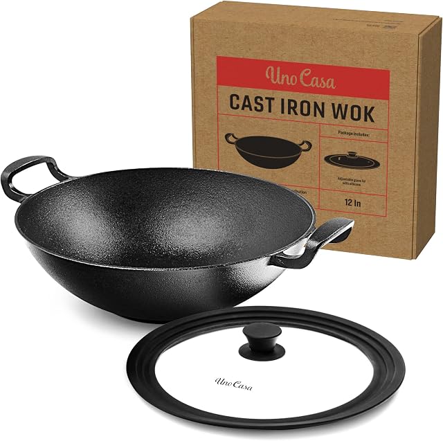 Uno Casa Cast Iron Wok Pan - 8 lb. Flat Bottom Wok with Silicone Lid - 12 Inch, 5.2 Q, Compact, Durable Induction Wok for Both Indoor and Outdoor Cooking