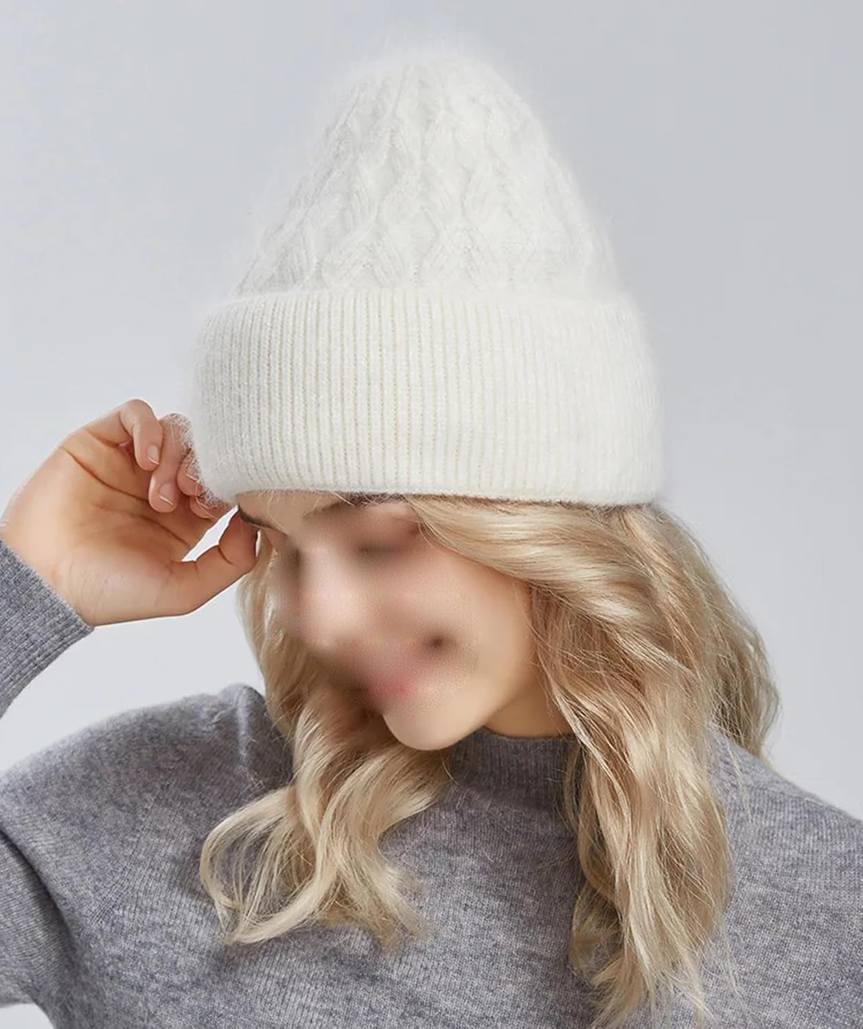 Thick Warm Cable Knit Cuffed Beanie Hat for Women Casual Double Layered Ski Skull Cap Solid Color Slouchy Cold Weather Hat