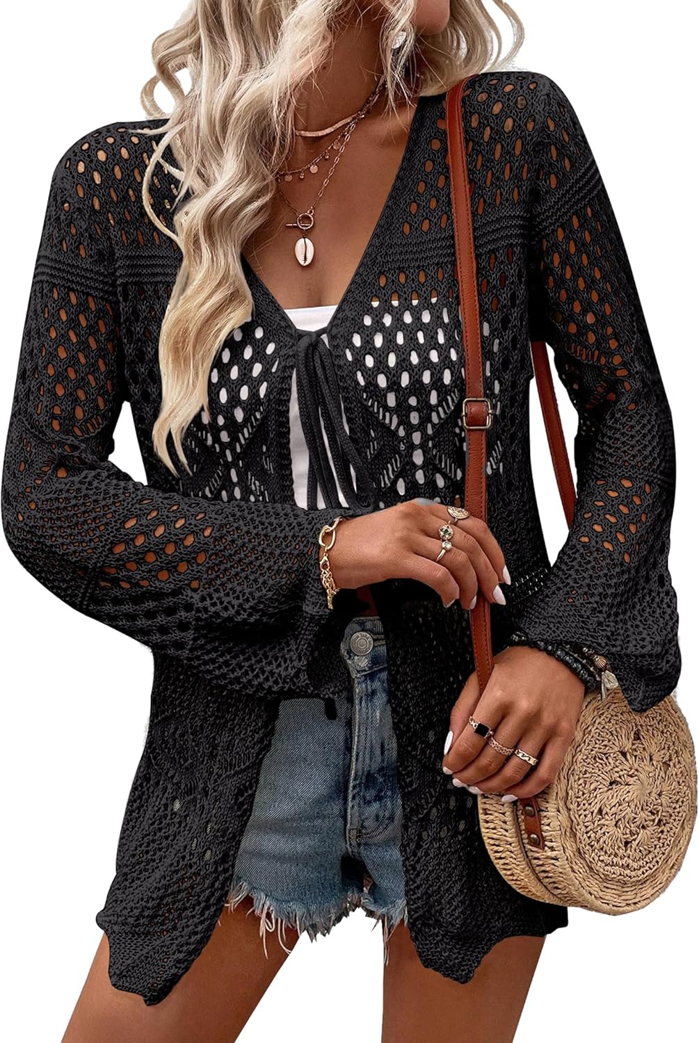 Women Crochet Cardigan Lightweight Tie Front Hollow Out Long Sleeves Summer Knit Cover Cardigans - Image 2