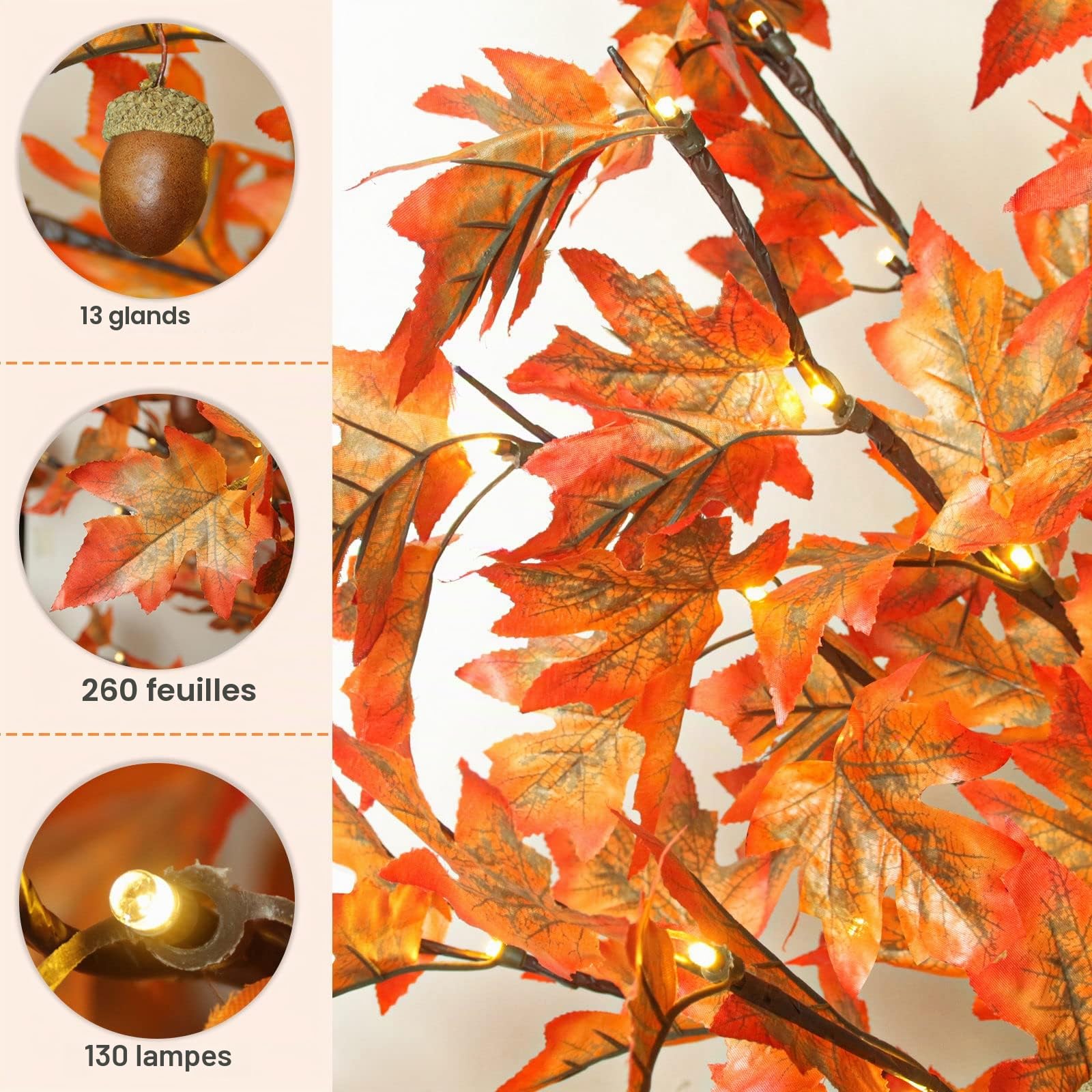 Érable artificiel de 1,8 m avec 130 DEL – Arbre d'automne artificiel avec 13 branches, 13 glands et 260 feuilles, télécommande 8 modes clignotants, minuterie, DC 5 V sans danger pour l'extérieur, fête