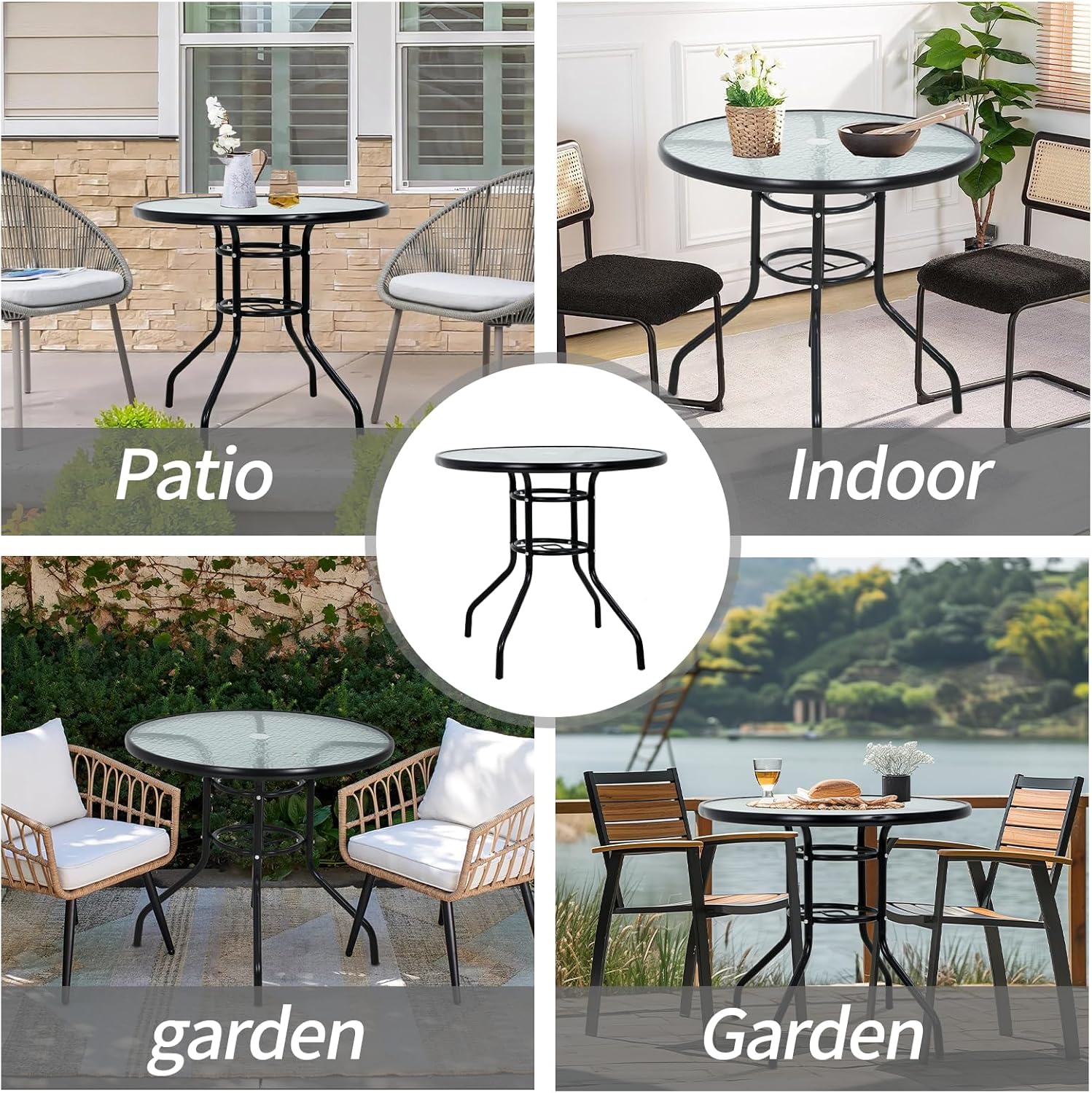 Premium Square Patio Table with 2 In Umbrella Hole,32 In Tempered Glass Top,Outdoor Coffee Table for Patio,Balcony, Backyard,Poolside,and Sunroom - Small Patio Table with Umbrella Hole (Round)