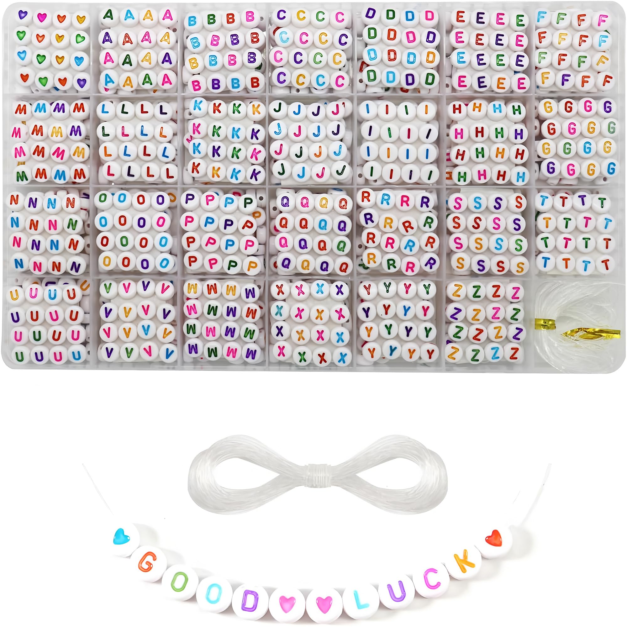 Lot 1400 Perles Lettres Alphabet A-Z + Fil Cristal - Perles Acrylique 4x7mm Pour Bijoux Blanc