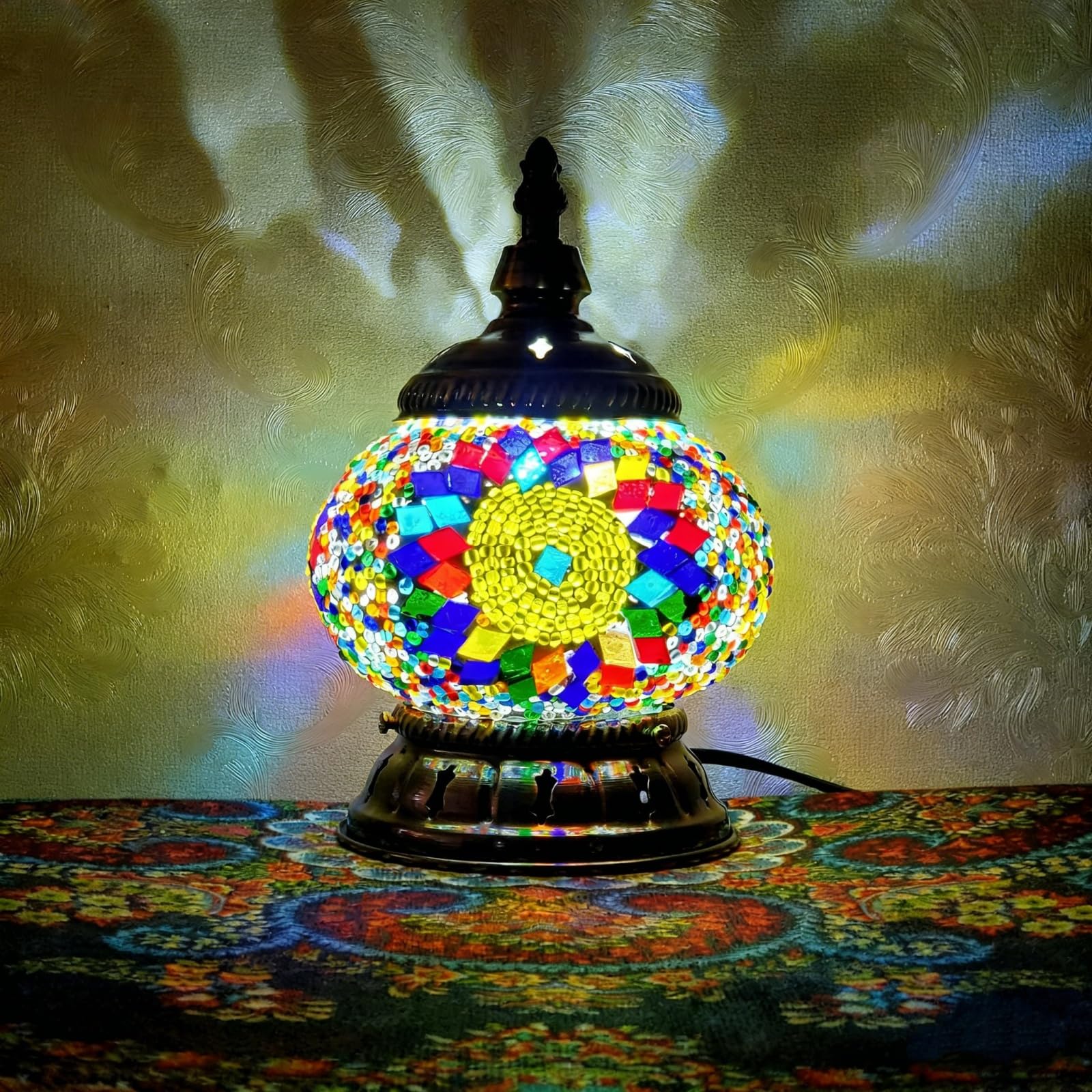 Maimeili Turkish Exotic Mosaic Table Lamp with Handmade Moroccan-Style Decorative Glass Retro Lamp Shade with USB Decorative Desk Lights Bedside Lights for Bedroom