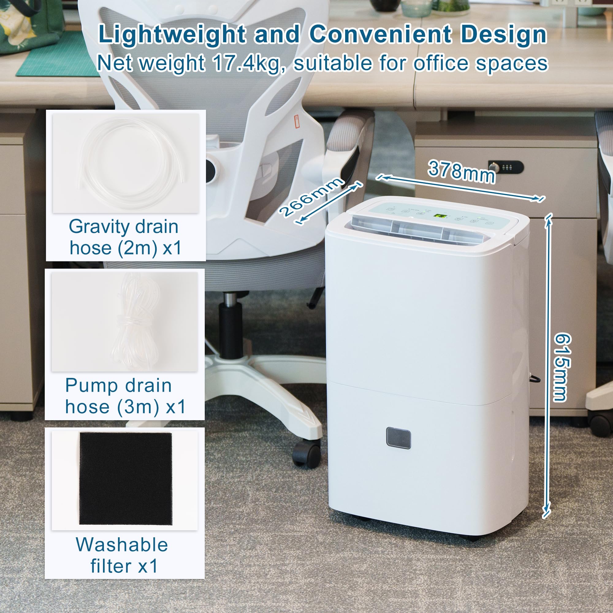 Deshumidificador Silencioso Bomba Automático: Control Humedad 90L/Día 240m² 43dB Bajo Consumo para Baño Habitación Cocina Garaje Sótano Apartamento Trastero Lavandería
