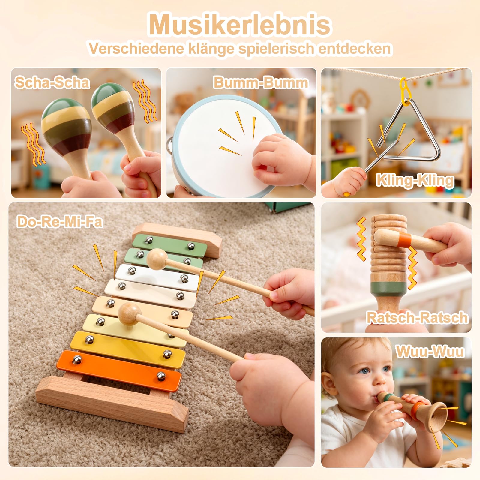 Musikinstrumente für Kinder 3 Jahre, Montessori Musikset aus Holz, 12-teiliges Musikspielzeug mit Xylophon, Tamburin, Rasseln, Guiro, Triangel und Holzpfeife