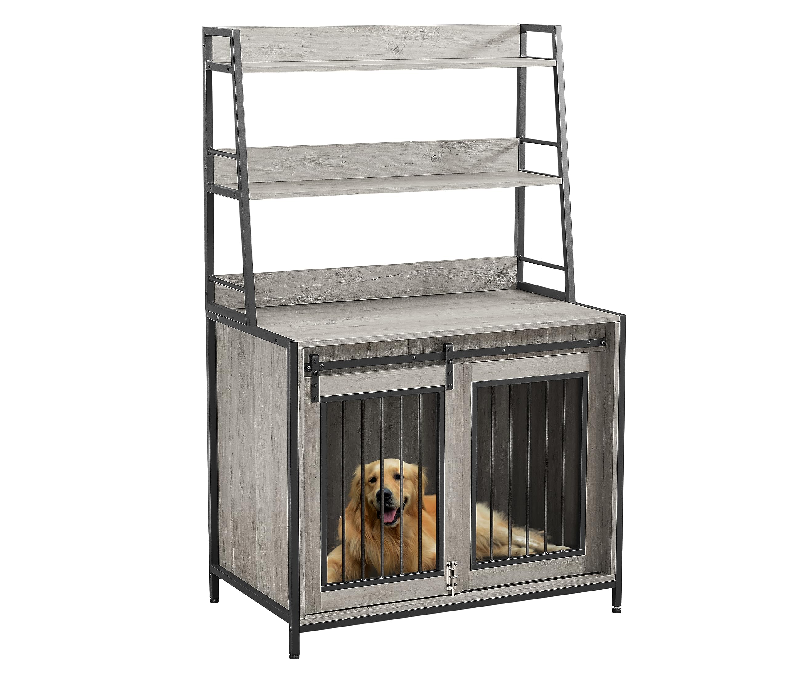 Lyromix 37'' Dog Crate Furniture with Shelves for Small to Medium Pets, Wooden Cage End Table Side Table, Heavy Duty Indoor Puppy Kennel with Sliding Door, Grey