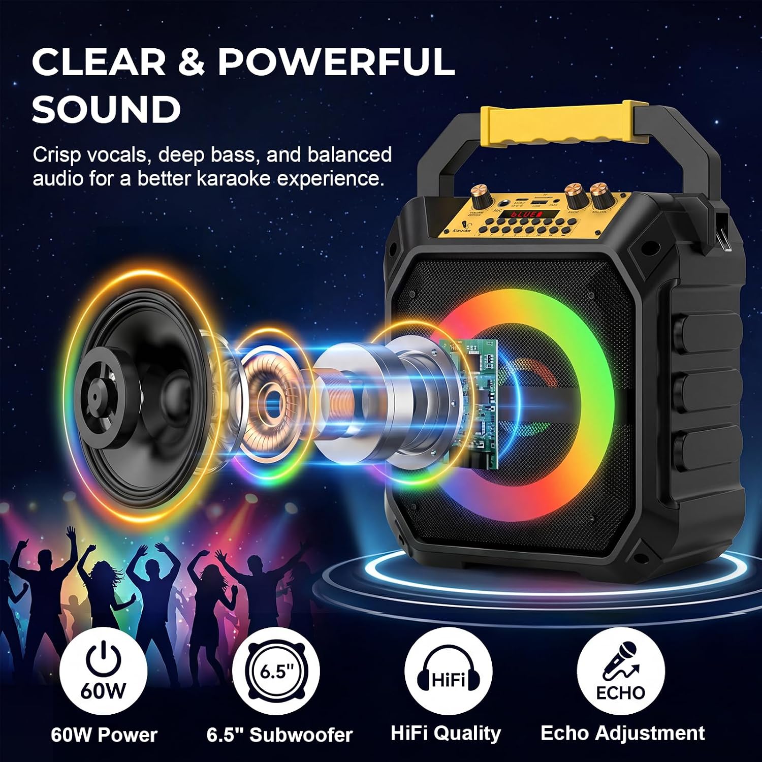 Bluetooth Karaoke Machine, Portable Karaoke with 2 Wireless Microphones, Karaoke Speaker for Adults Kids Gifts, TF/USB/AUX, with DJ Lights for Outdoor Parties, Backyard Fun (Black)