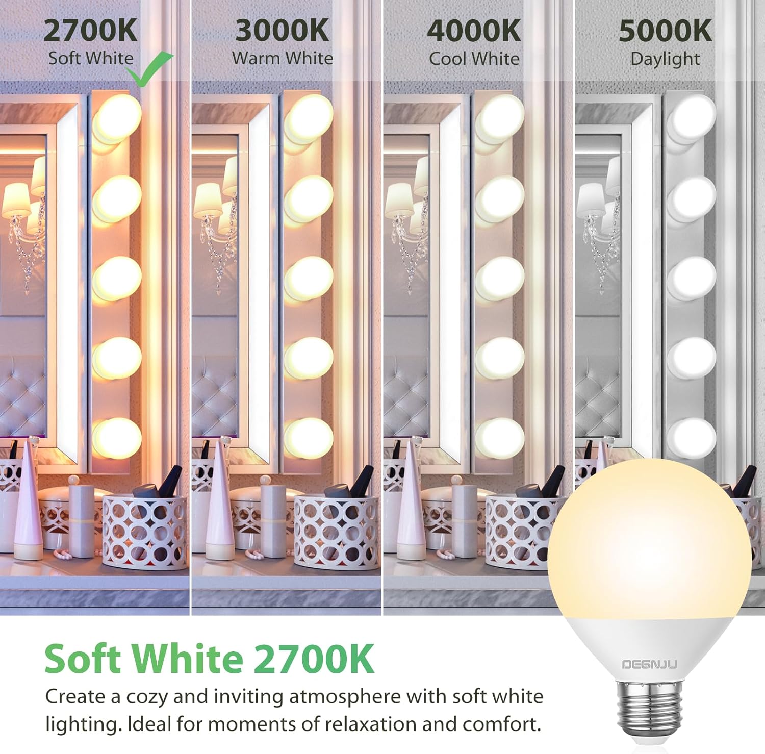 DEGNJU LED Vanity Light Bulbs, 60W Equivalent, Bathroom Light Bulbs 2700K Soft White, 800 Lumens, G25 Globe Bulb for Makeup Mirror, Round Shape, 7W, 120V, Non-Dimmable, 12 Pack