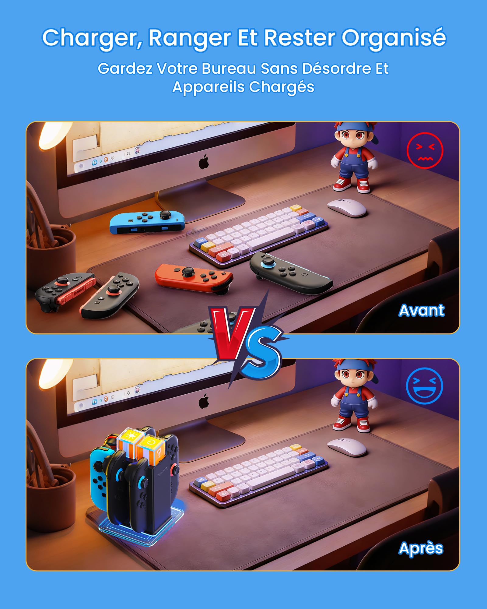 6-en-1 Chargeur pour Nintendo Switch 2 / Switch/OLED, Chargeur Manette Switch avec Système de Charge Double Magnétique & Rail, 9 Modes RGB & 4 Niveaux de Luminosité, Accessoires Joycon Switch 2/1