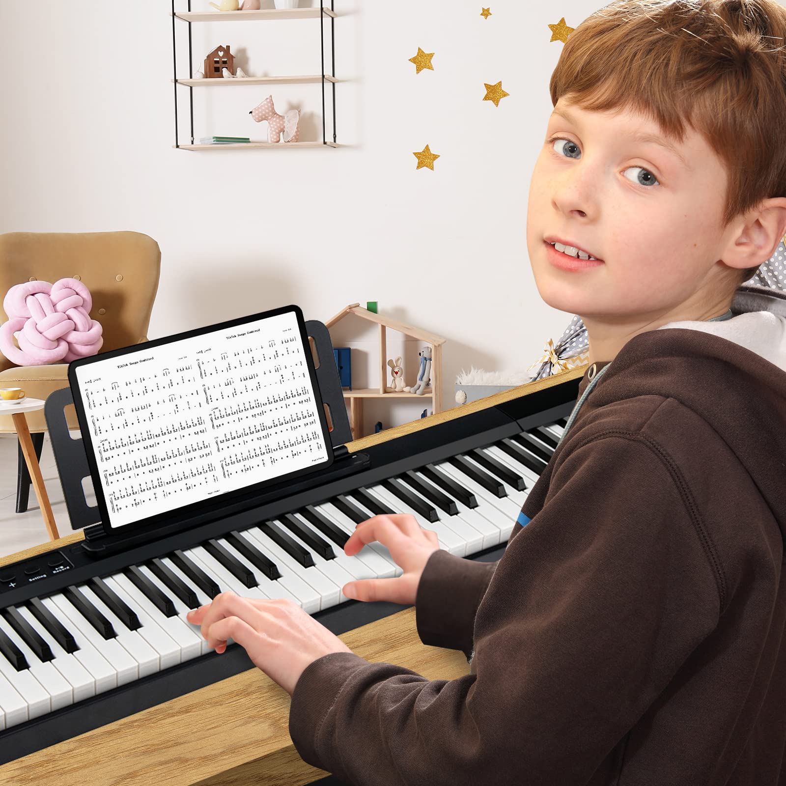 KOMFOTTEU Pianoforte Digitale 88 Tasti, 1000 Suoni e Ritmi, 20 Canzoni Demo, Tastiera Semi-ponderata, Pianoforte Elettronico con Illuminazione a LED Tastiera, Borsa di Conservazione, USB/Bluetooth