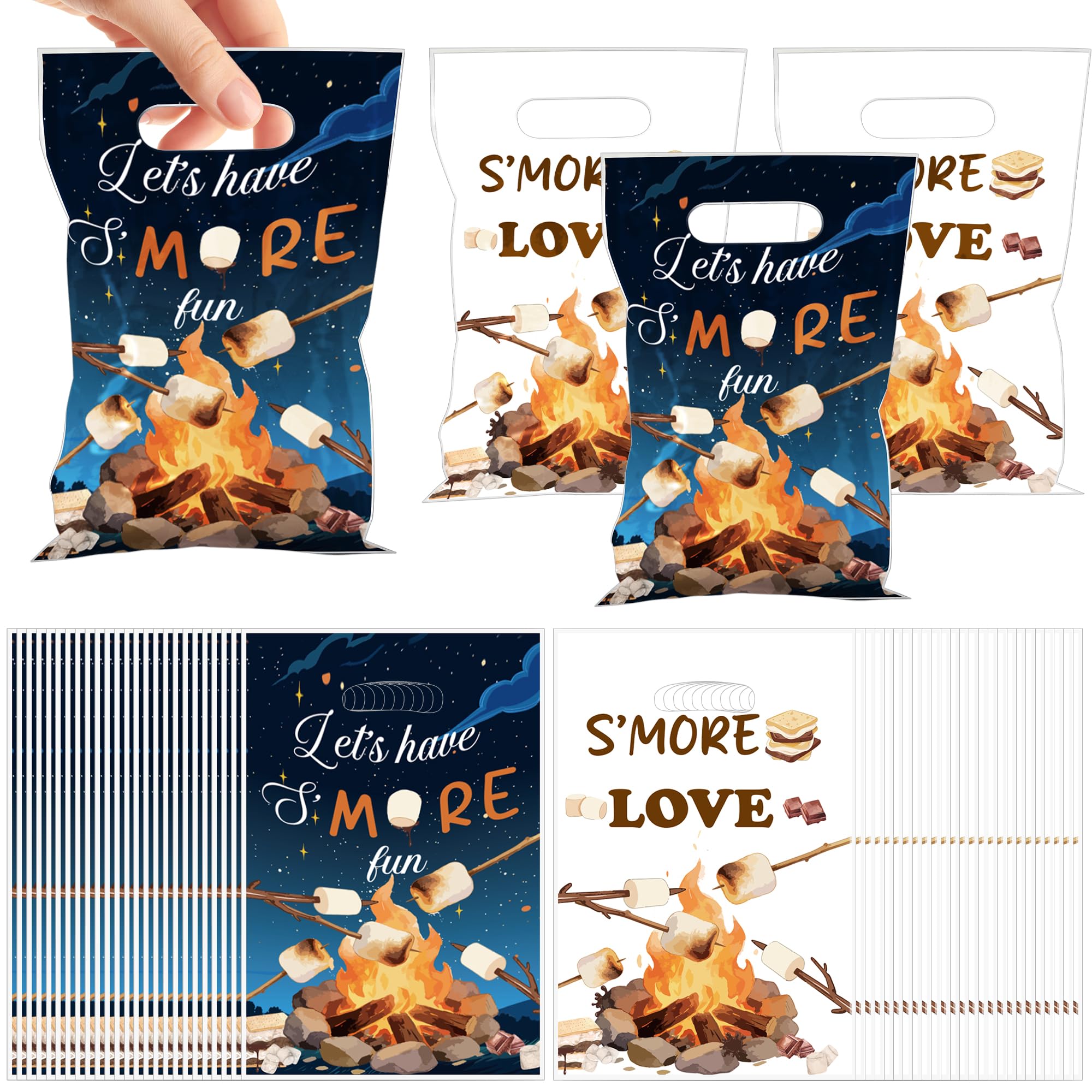 MOIZYNG Smores Camping Party Favor Bags with Handles, 50Pcs S'more Camping Love Fun Campfire Plastic Candy Goodie Gift Bags for Kids Birthday Baby Shower Party Supplies