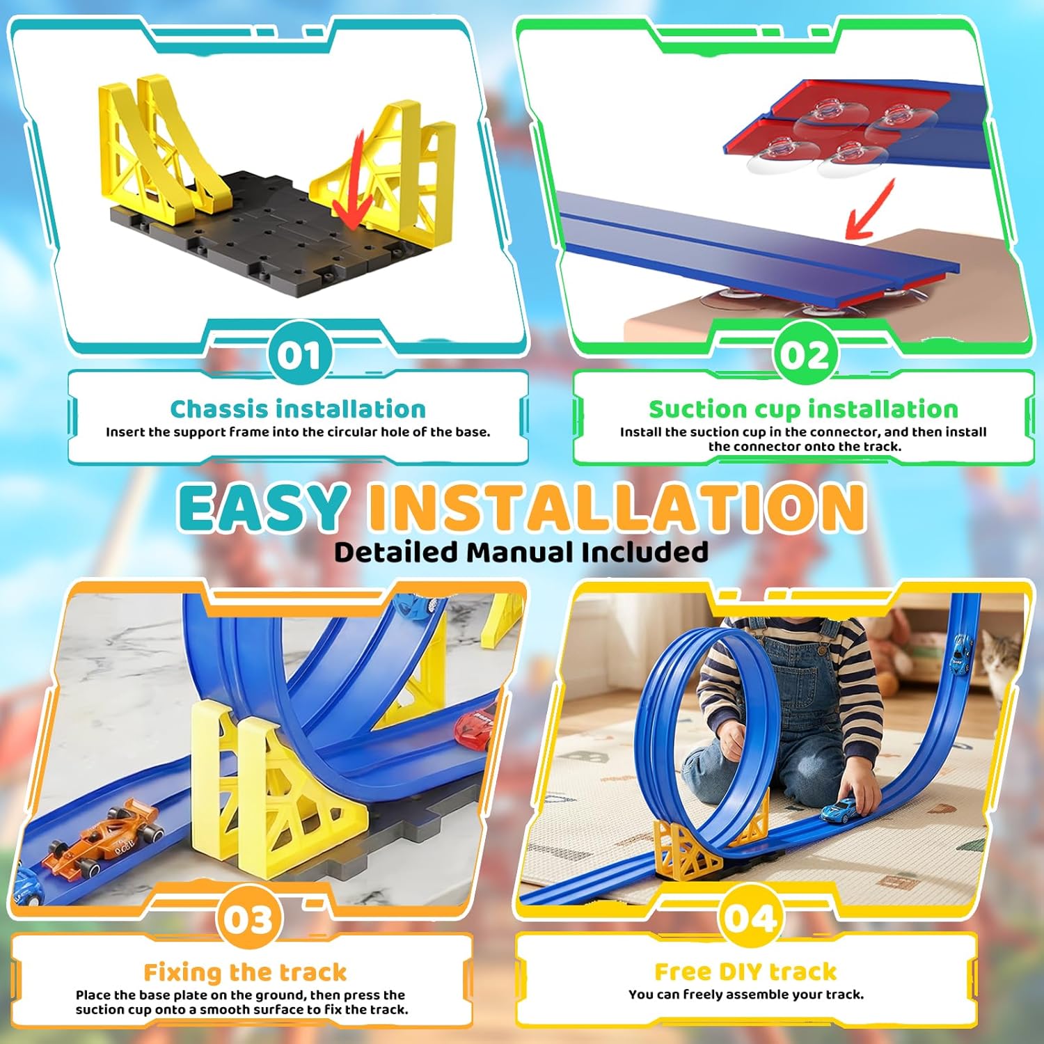 5 Metre Flexible Racing Track Children, Racing Track Car Toy, DIY Racing Track Toy, Car Racing Tracks with Accessories, Dual Race Track Ramps, with 4 Cars, for Children from 3 Years