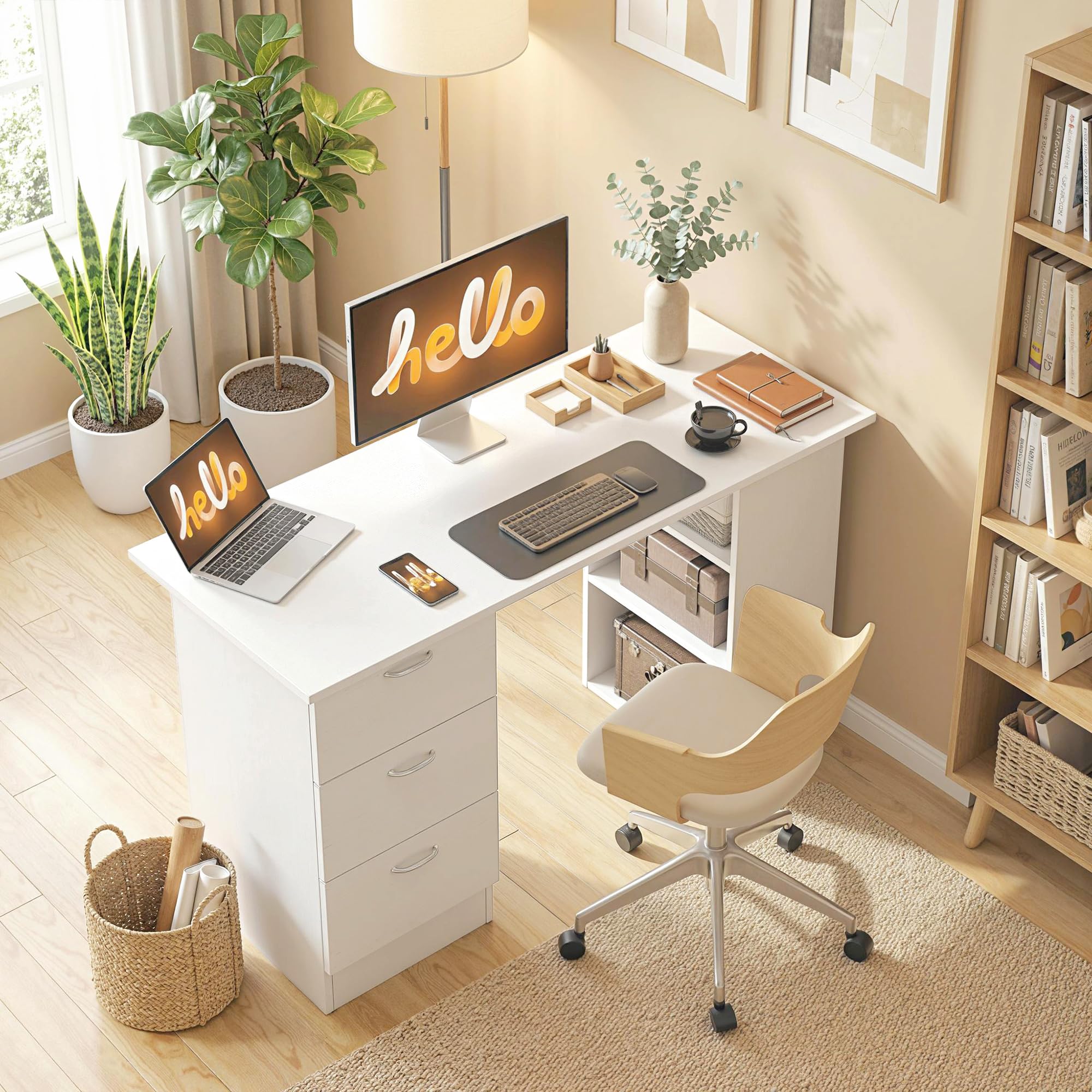 HOMCOM Scrivania Porta PC con 3 Cassetti e 3 Ripiani, Scrivania per Camera e Ufficio in Legno 120x49x72cm Bianco