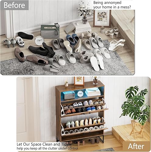 Miniatura 9 de Armario de almacenamiento de zapatos con 2 cajones abatibles, organizador de zapatos estrecho con estante abierto, zapatero oculto con patas de