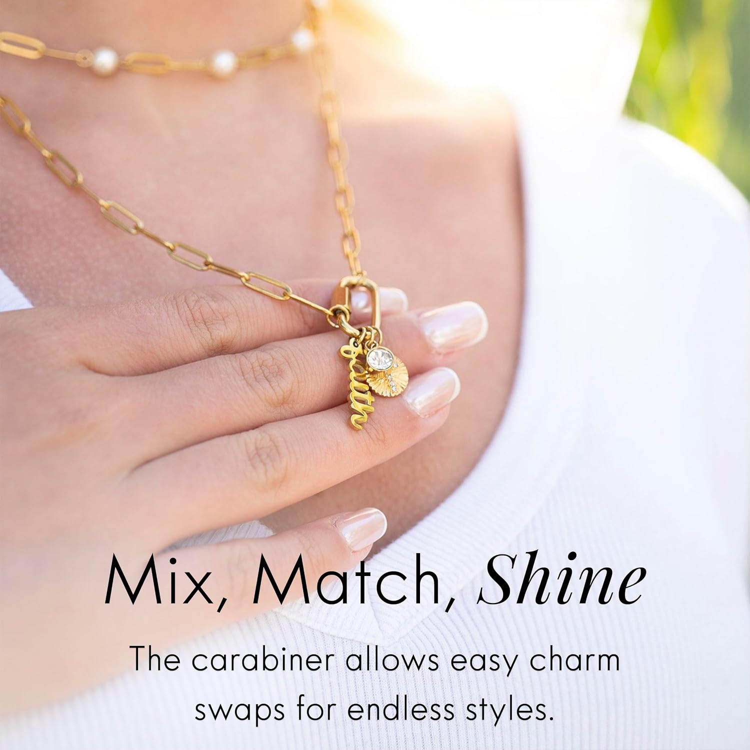 Destin Jewelry 18K Gold PVD Faith Charm Necklace for Women, Chunky Paperclip Chain with Carabiner Charm Keeper and Message, Stainless Steel Necklace 18"+2"