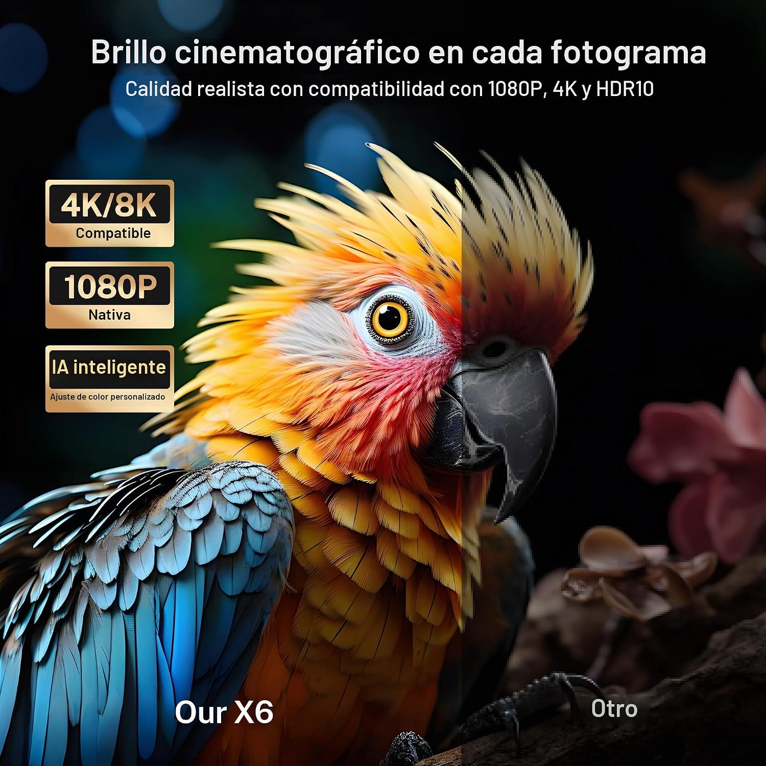 Proyector Inteligente 1080P Nativo 800 ANSI, Android 14, Soporta 4K/8K | Control Remoto Air Mouse, Enfoque y Corrección Automáticos por IA, WiFi 6 y BT 5.4, Audio Hi-Res, Compatible con Netflix 6