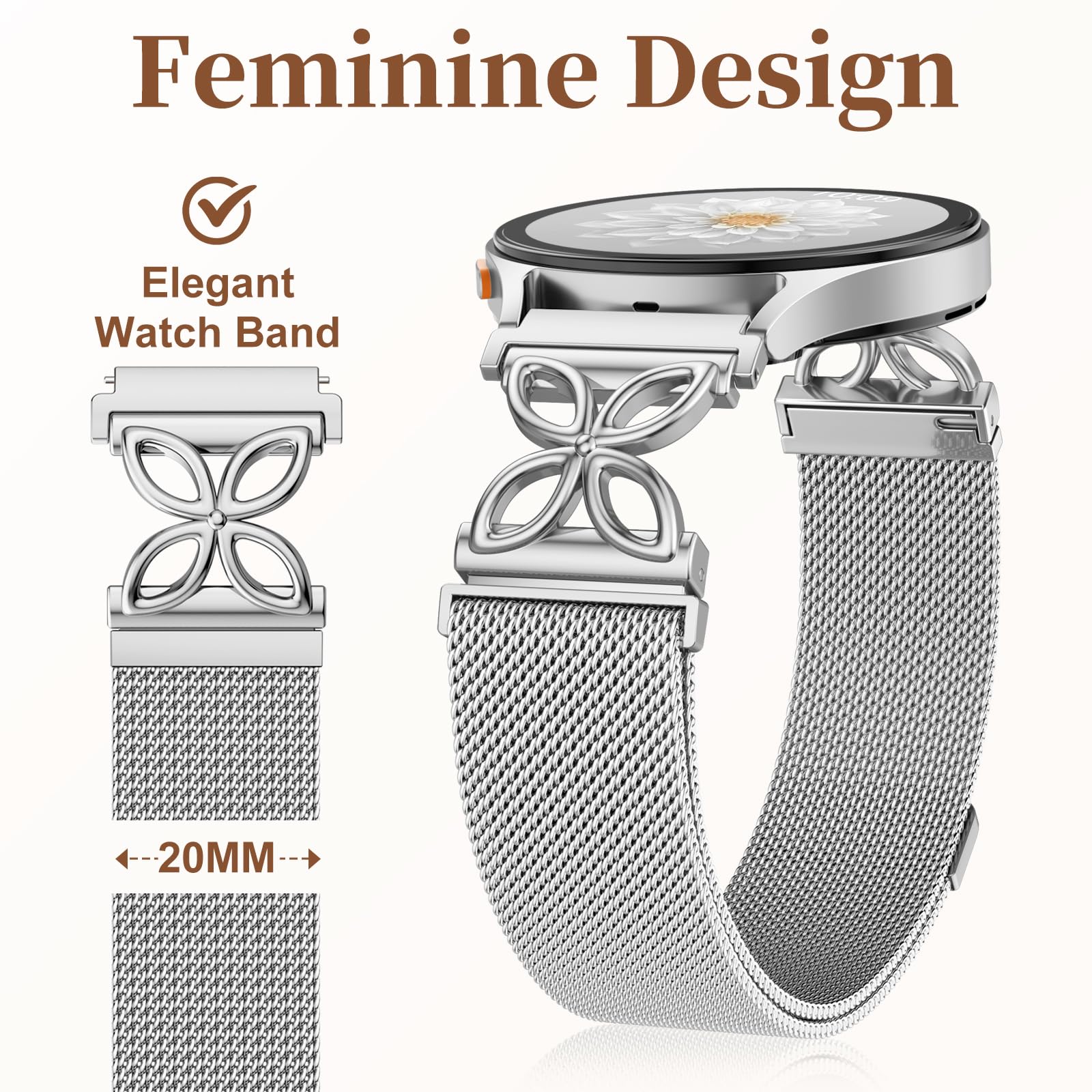 Getino Metall Magnet Armband Kompatibel mit Galaxy Watch 7, Galaxy Watch 6 Classic Band FE 5 Pro 4 Active 2 20mm, Milanese Floral Elegant Armband für Samsung Watch Armband 40mm 44mm 45