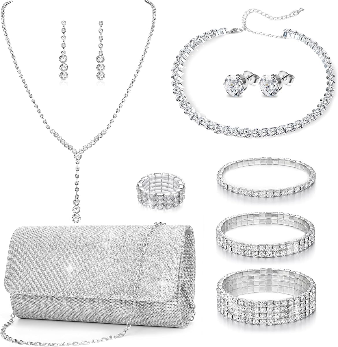 Conjunto de joyería para mujer, 11 Uds., bolso de mano, cristal, accesorios de joyería con diamantes de imitación brillantes