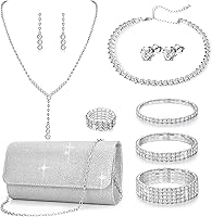 GIFIKOI 11-Pc Silvery Rhinestone Jewelry Set with Crystal Clutch Purse - Bridal Wedding Evening Party Accessories for Women