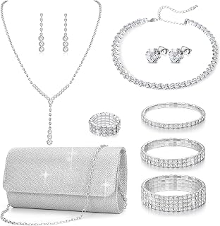 GIFIKOI 11-Pc Silvery Rhinestone Jewelry Set with Crystal Clutch Purse - Bridal Wedding Evening Party Accessories for Women