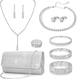 11 Pcs Silvery Clutch Purse Crystal Jewelry Set for Women Shiny Rhinesto...