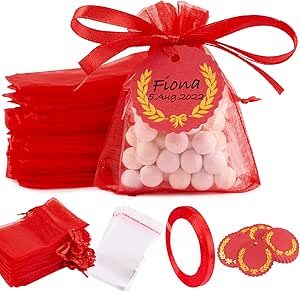 Kit Bomboniere Laurea - 50 Sacchetti Organza Rossi + Etichette + Bustine Trasparenti + Nastro - Foto 10