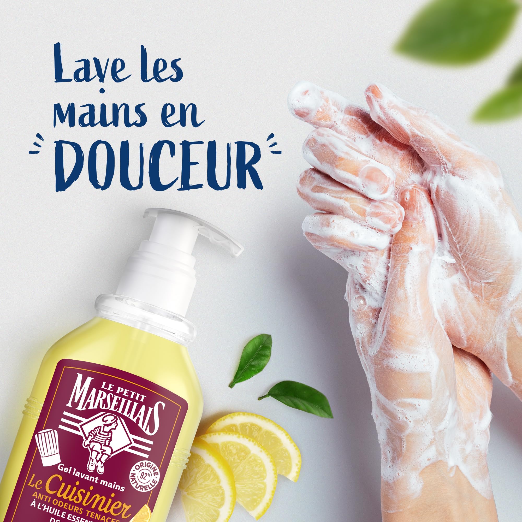 Le Petit Marseillais – Gel Lavant Mains Le Cuisinier (flacon-pompe de 300 ml) – Savon mains liquide anti odeurs tenaces à l'huile essentielle de citron – 92 % d'origine naturelle