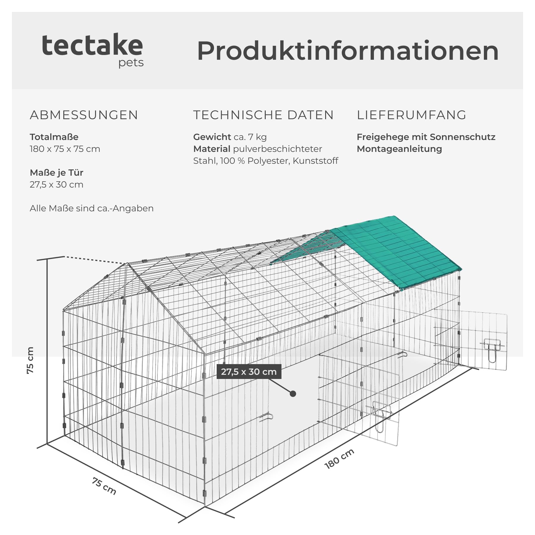 tectake® Freilaufgehege Kaninchen, Hasenstall draußen, Meerschweinchen Käfig, Laufgitter mit Sonnenschutz, Hasenkäfig, Steckzaun, Kleintierkäfig, Meerschweinchen Gehege, 180 x 75 x 75 cm - grün