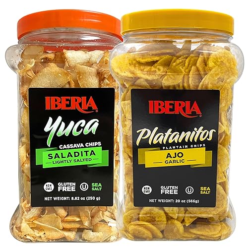 Iberia Chips de yucayuca, 8.8 onzas + chips de plátano de ajo, 20 onzas.