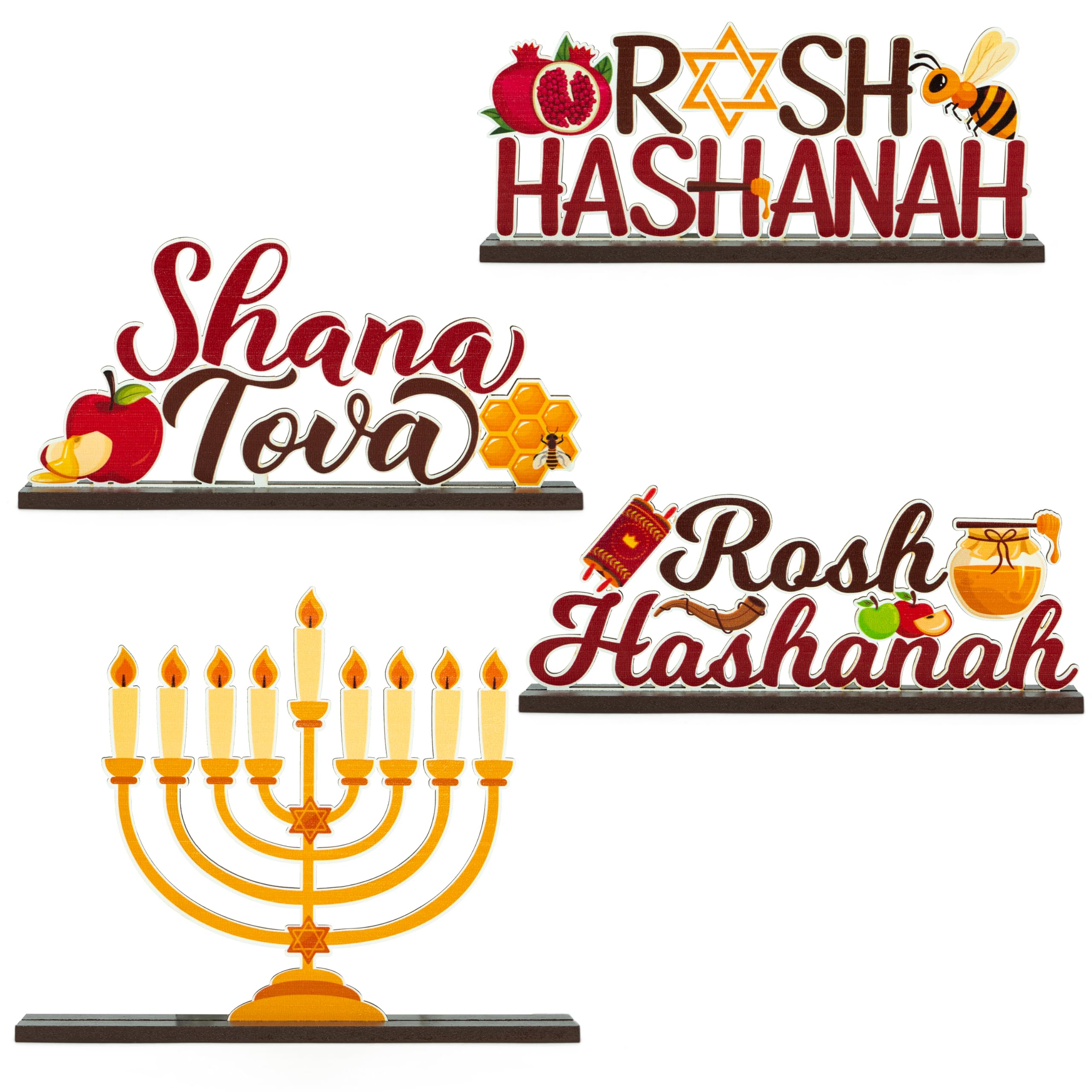 HaooryxRosh Hashanah Table Centerpiece - 4Pcs Rosh Hashanah Wooden Table Topper Jewish New Year Party Table Decoration Home Desk Tabletop Rustic Wood Sign for Shana Tova Rosh Hashanah Party Supplies