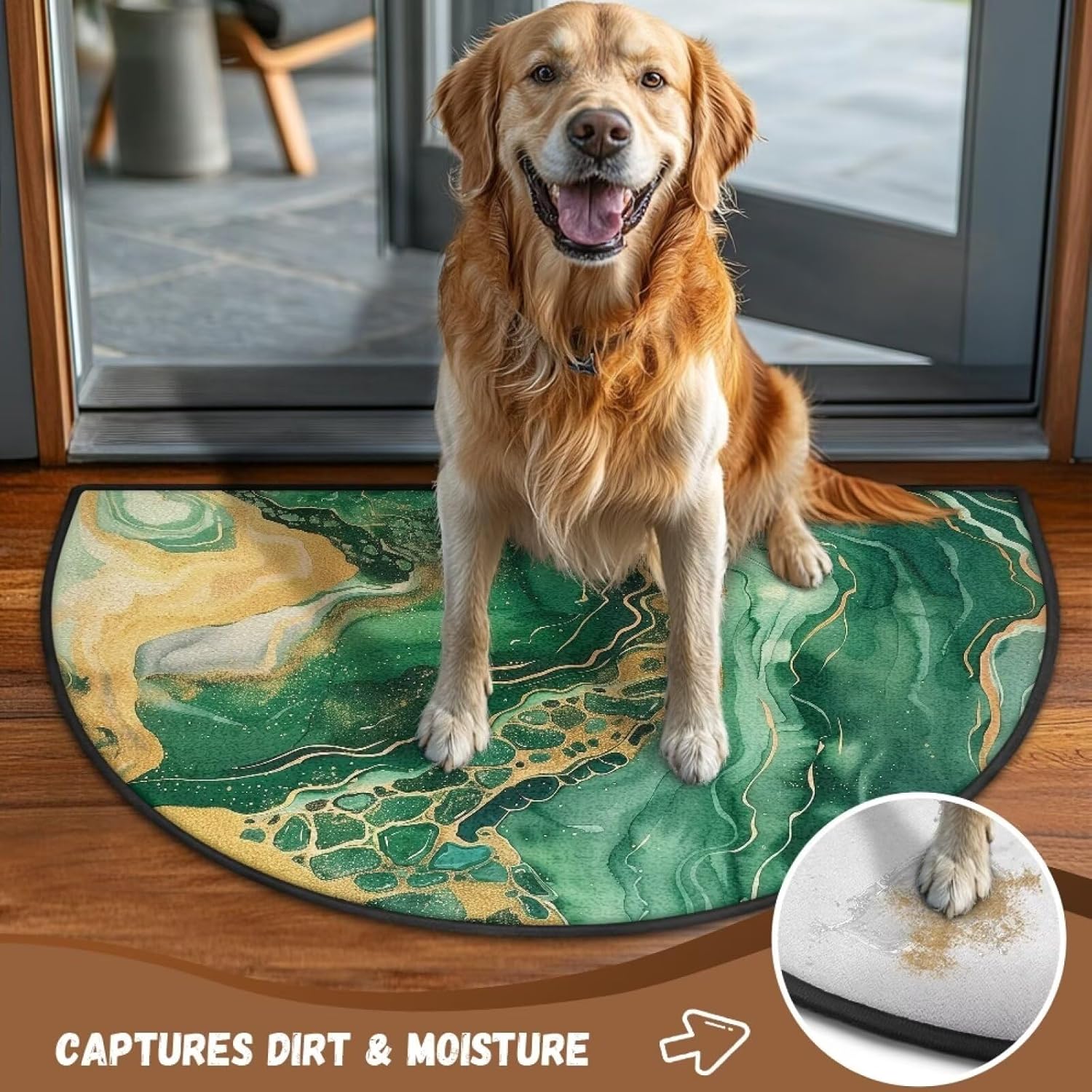 Green Gold Marble Crack Abstract Half Round Door Mat Half Moon Rugs Absorbent Anti-Slip Carpet for Kitchen Bathroom Bedroom Fireplace Home Decor