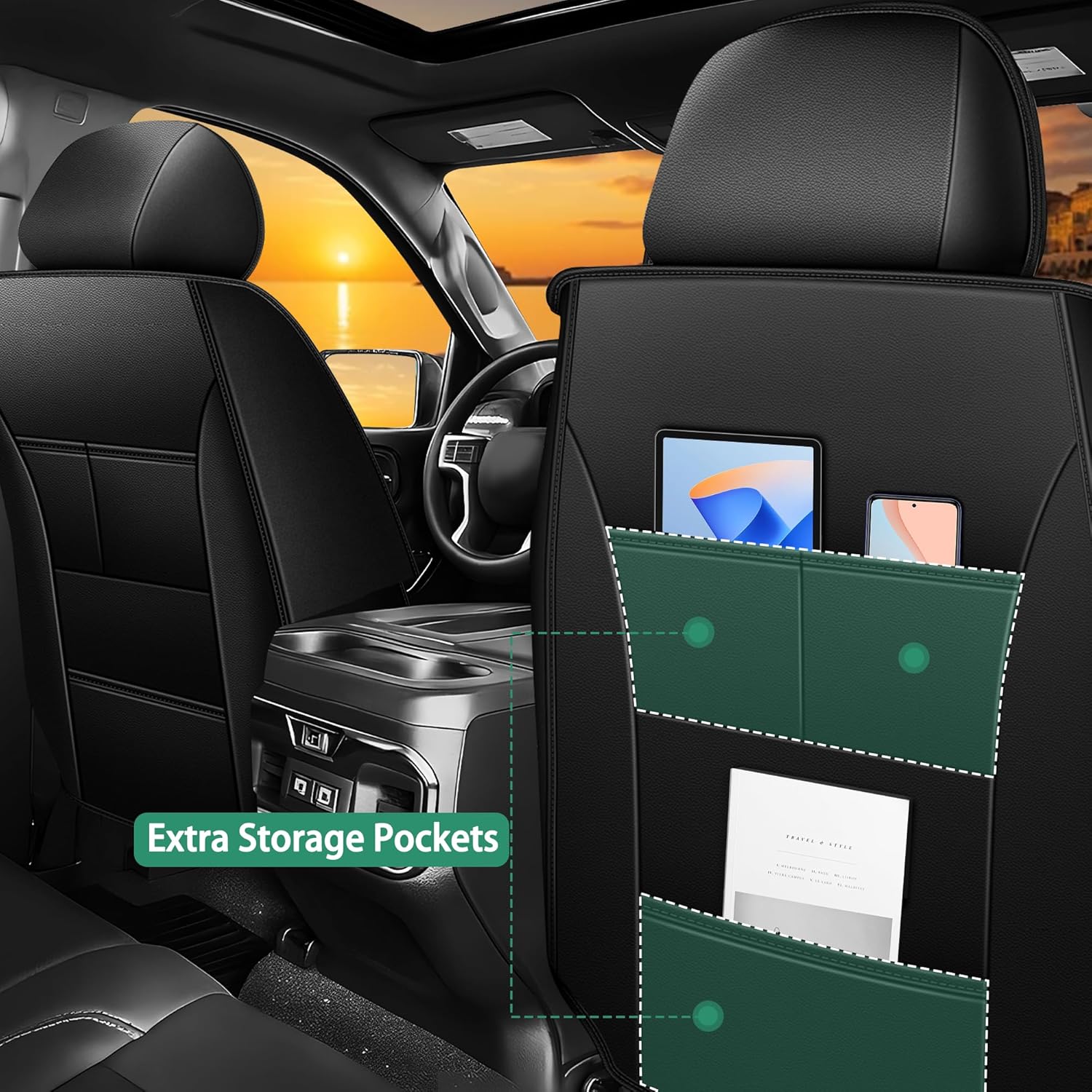 Floor Mats & Seat Covers Fit for 2020-2026 Chevy Silverado/GMC Sierra 1500/2500HD/3500HD Crew Cab - 1st & 2nd Row Custom Fit Truck Protection Accessories (Without Rear Underseat Storage Box)