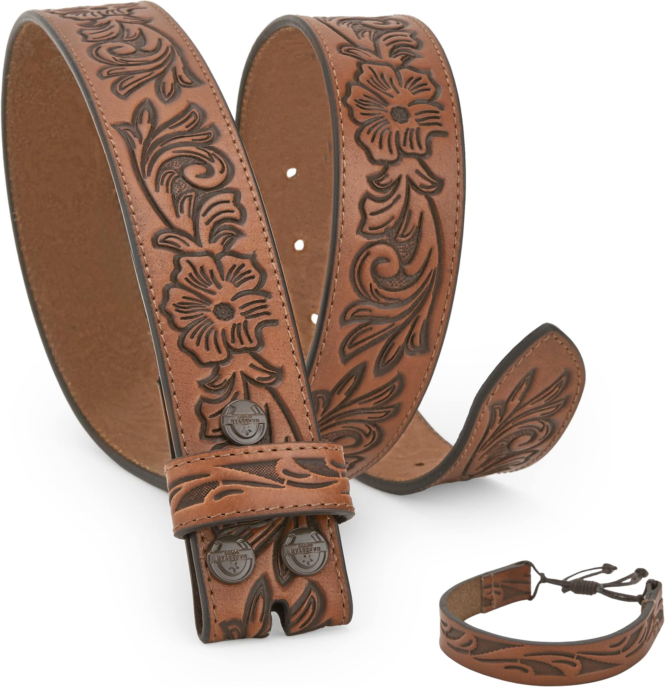 Men & Women - Leather Western Belts - Cowgirl Cowboy - Engraved Tooled floral Strap w/Snaps - With bracelet.