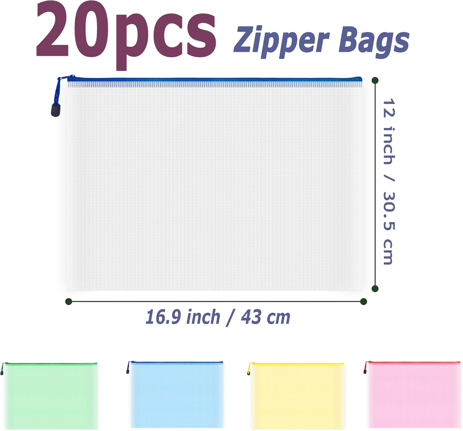20pcs Mesh Zipper Pouch Bags, Multipurpose Waterproof Organization Storage Bag for Office School Home Travel (A3 Size 16.9''x12'', Multicolored) image 2
