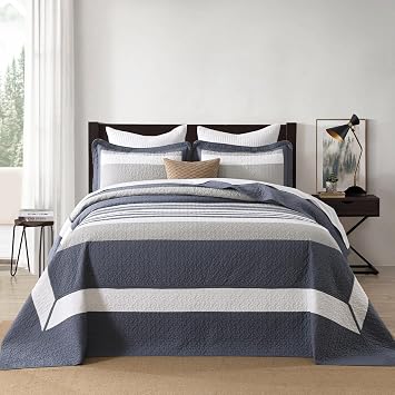 100% Cotton Queen Bedspread 120"x102" - Oversized Quilt Set, Lightweight Blue White and Gray Striped Bed Spread Coverlet, Modern Quilted Reversible Bedding Cover
