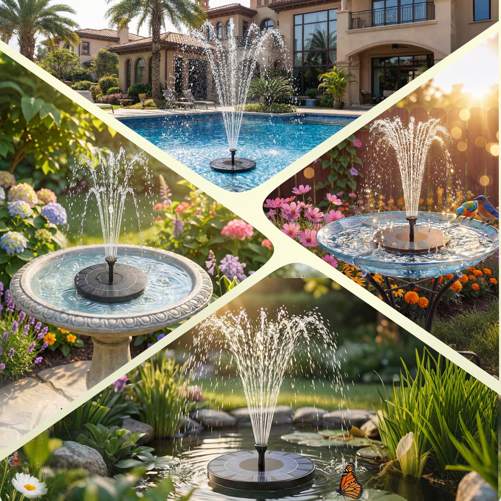 AISITIN Fuente Solar Jardin Exterior 2,5 W, Fuentes Solares de Jardin con 6 Boquillas y Varios Efectos de Rociado, Bomba de Agua Flotante para Piscina,Baño de Pájaros, Estanque(1PCS)