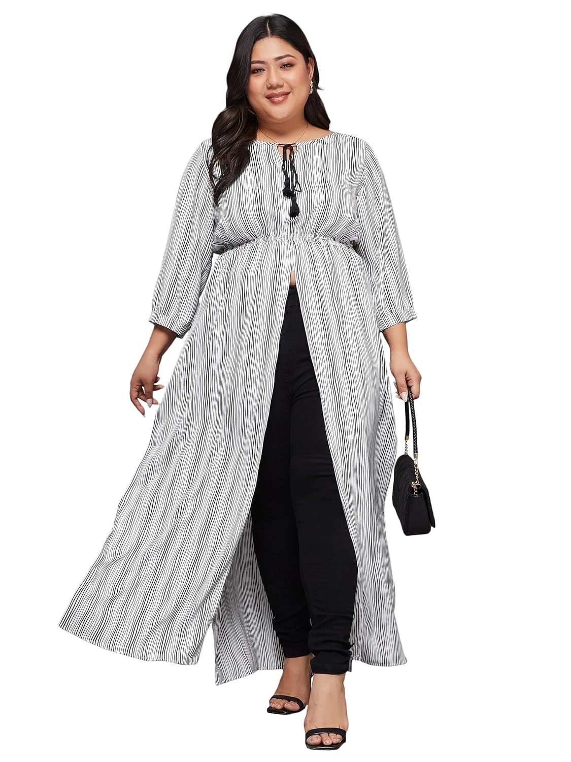 Miss Chase A+ Women’s Round Neck 3/4 Sleeve Tie-Up Tassel Detailing Front Slit Maxi Top Miss Chase A+ Women’s Round Neck 3/4 Sleeve Tie-Up Tassel Detailing Front Slit Maxi Top
