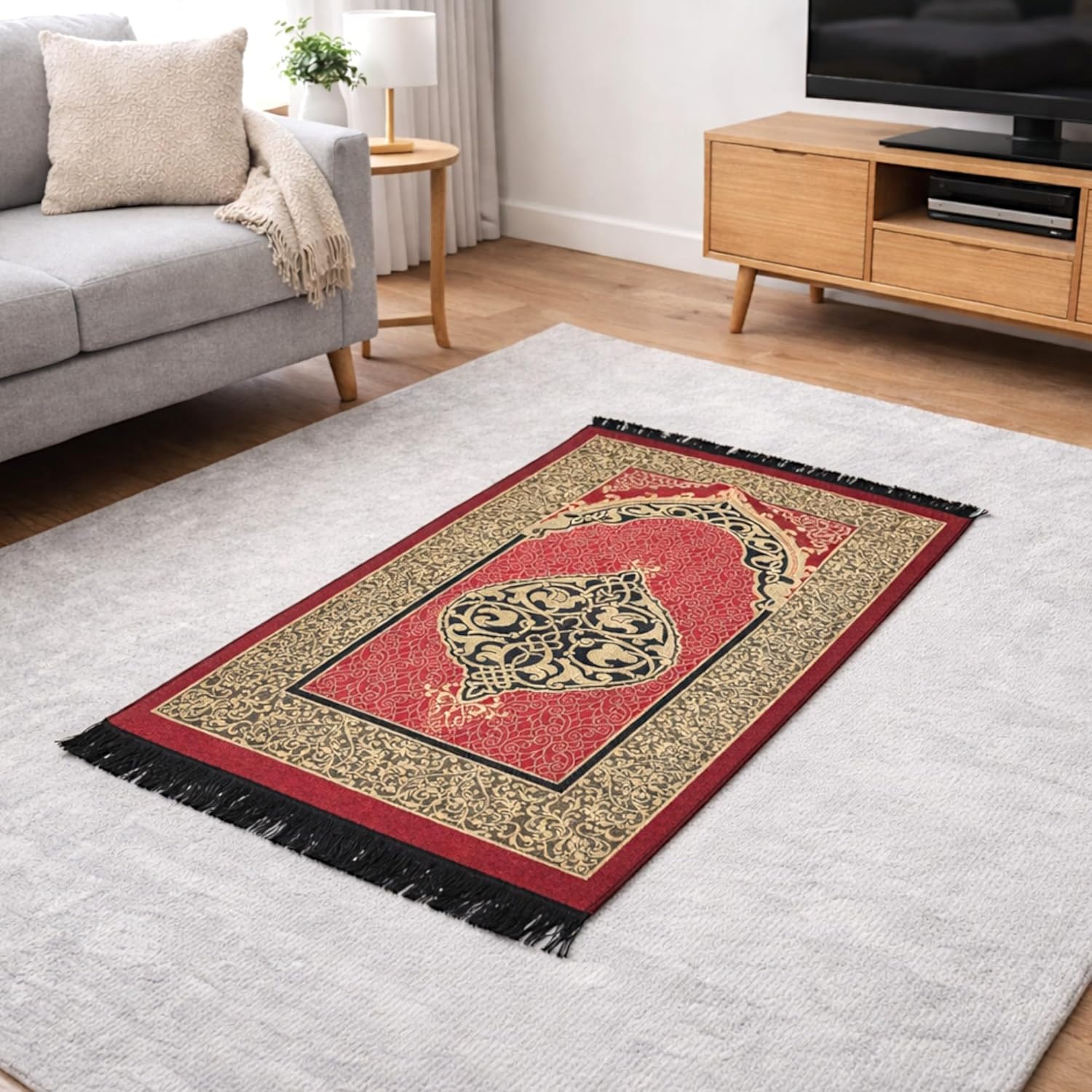 Modefa Islamic Gifts Prayer Mat | Thin Woven Praying Mat Muslim Prayer Rug | Muslim Gifts for Men Ramadan Gifts with Tesbih Prayer Beads | Ottoman Rug with Cylinder Gift Box Set Ramadan (Red)