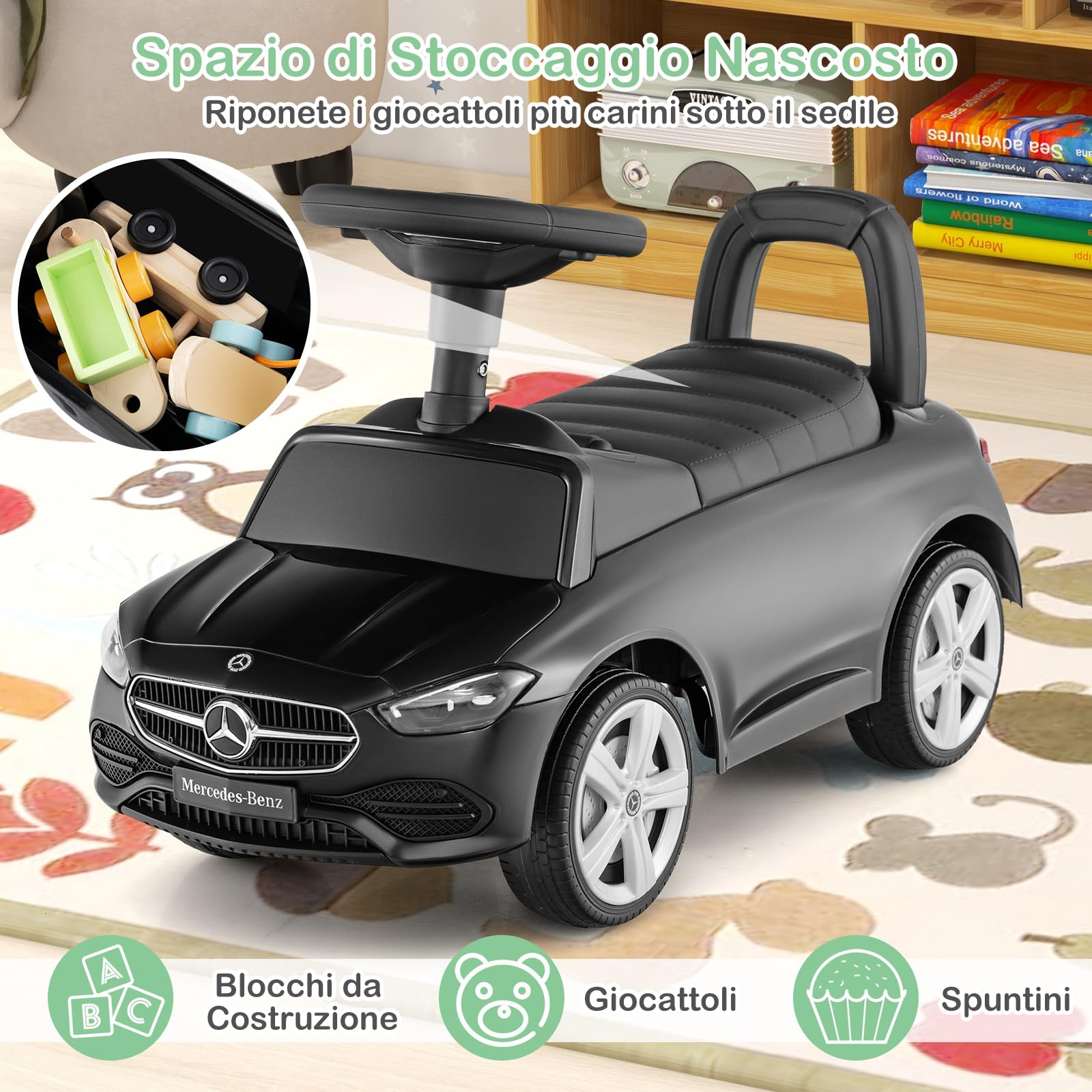 COSTWAY Mercedes Benz Macchinina Cavalcabile a Spinta per Bambini, Auto da Gioco con Volante Clacson e Suono, Spazio di Archiviazione, Auto a Spinta per bambini 1-3 Anni (Nero)