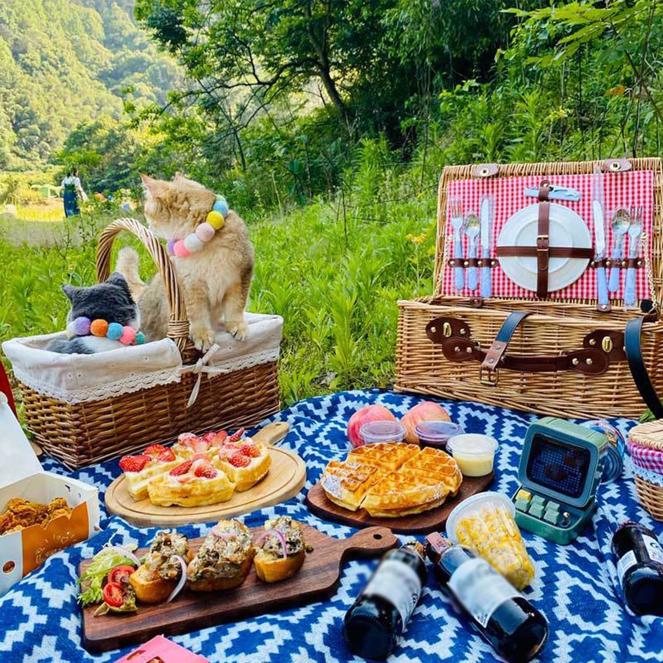 Wiklinowy kosz piknikowy z przyborami i sztućcami, zestaw upominkowy Willow Hamper dla 2 osób, ręcznie tkany do przechowywania na zewnątrz Walentynki, urodziny(B)