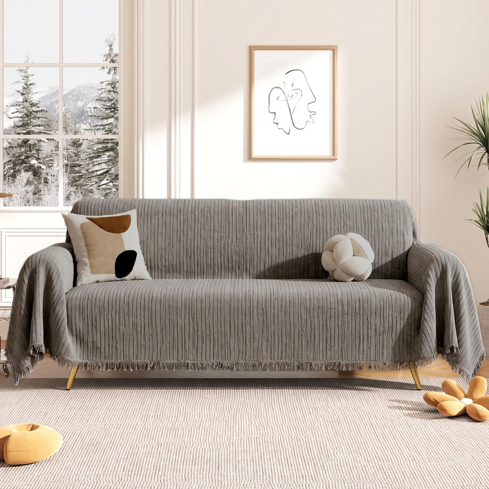 AZVFLY Boho Chenille Sofa Cover Breathable Pet Friendly (grey, 180 * 260)