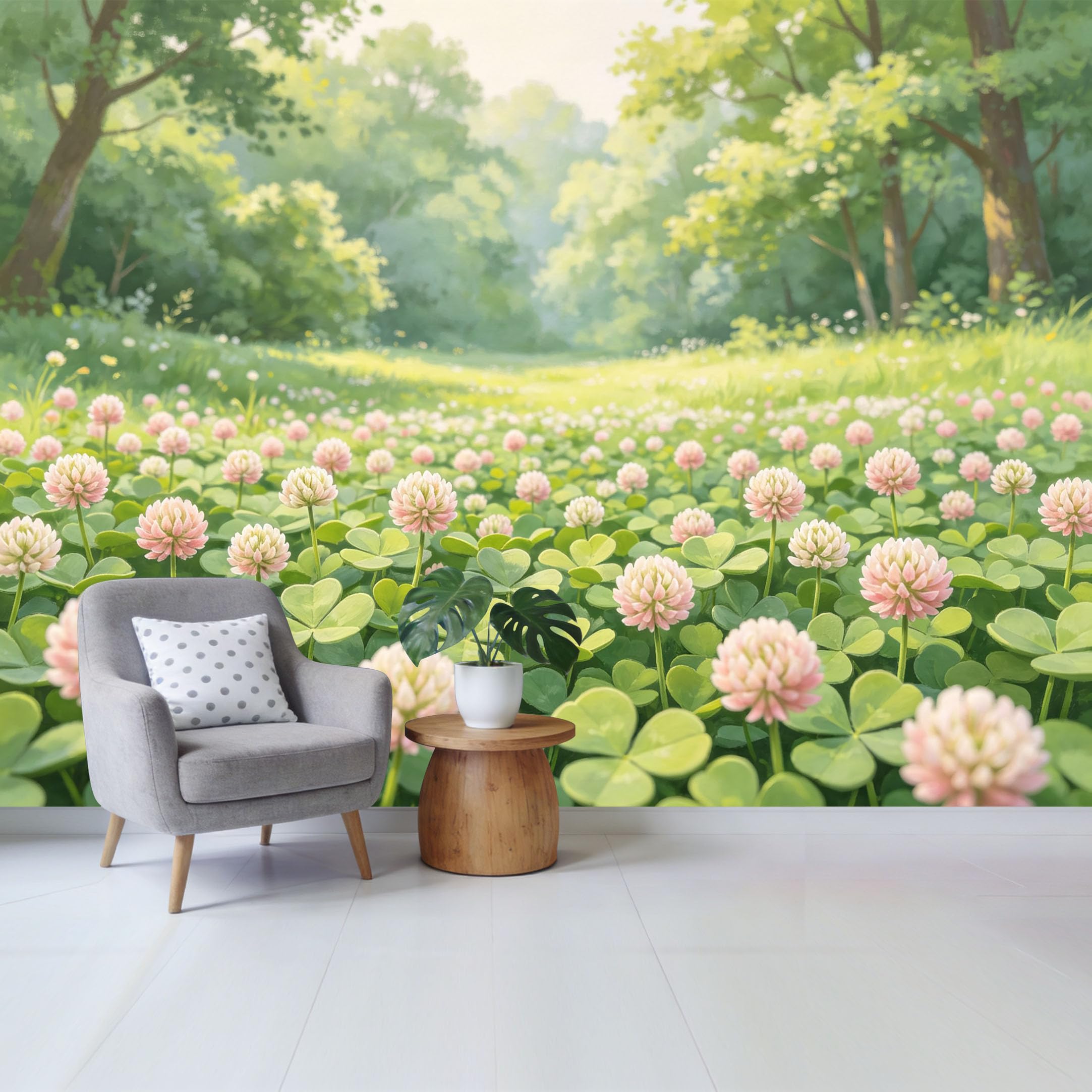 Qzlithotic Yq2605250670 Custom Size Wall Mural Pink Clover Flowers Botanical Landscape Watercolor Forest Selfadhesive Wall Fabric Removable Wallpaper For Home Office Decor