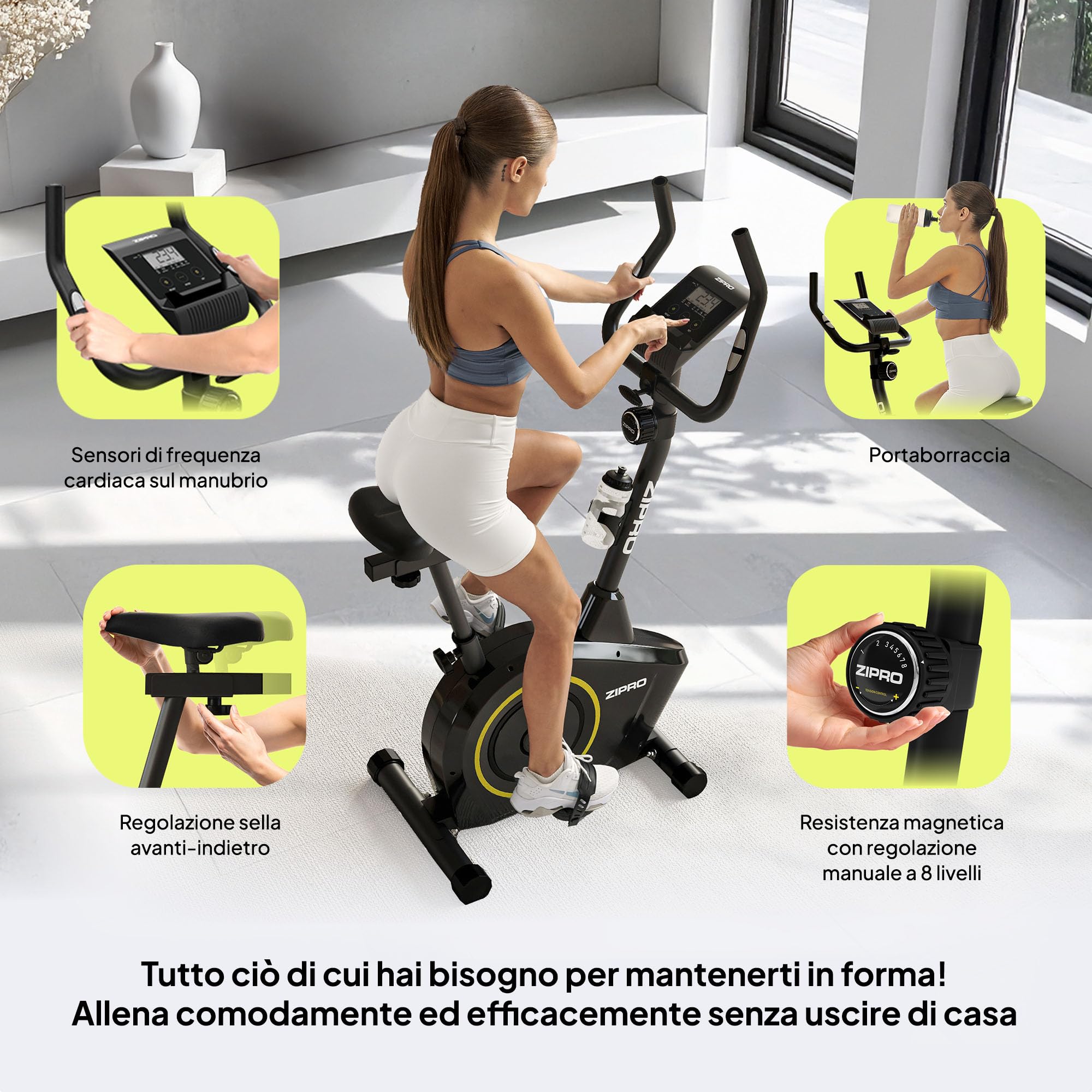 Zipro Cyclette Boost, Fitness Bike Ergometrico, Trainer Magnetico per Bicicletta, Ergometro fino a 120 kg, Bici da Interno, Cyclette per Allenamenti Domestici, Batteria Operata