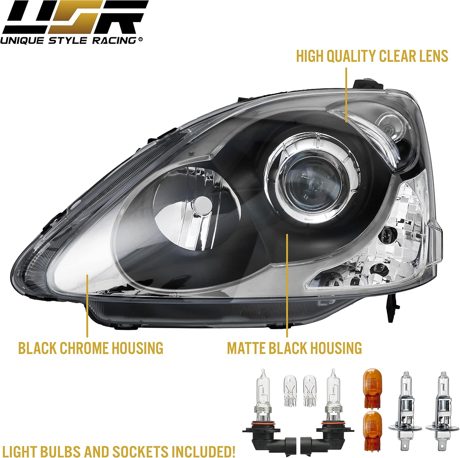 USR DEPO 02-05 Civic Si UPGRADE Stock Replacement Headlight Assembly Set (Left + Right) Compatible with 2002-2005 Honda Civic Si 3DR Hatchback (Type R Style, Black Housing, Clear Corner, Plug n Play)