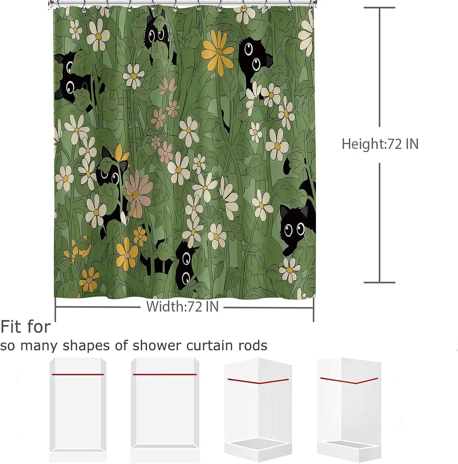 Black Cat Shower Curtain Green Floral Leaves Animal Lover,Boho Funny Kitten Fabric Shower Curtain for Bathroom Decor 72x72 Inch image 4