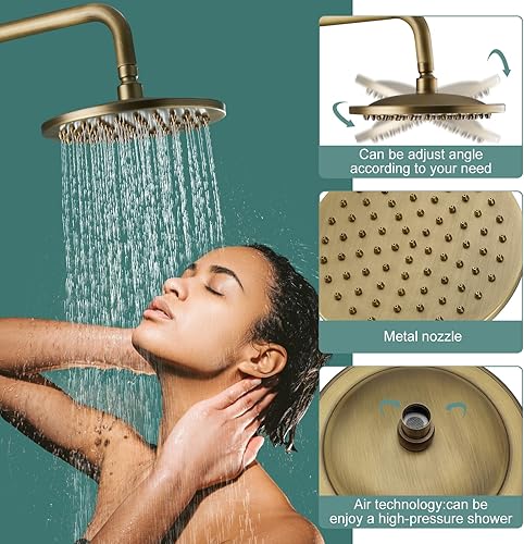 Miniatura 5 de Heyalan Sistema de ducha de tubería expuesta de latón antiguo Cabezal de ducha de lluvia de 8 pulgadas, conjunto combinado de accesorios de latón
