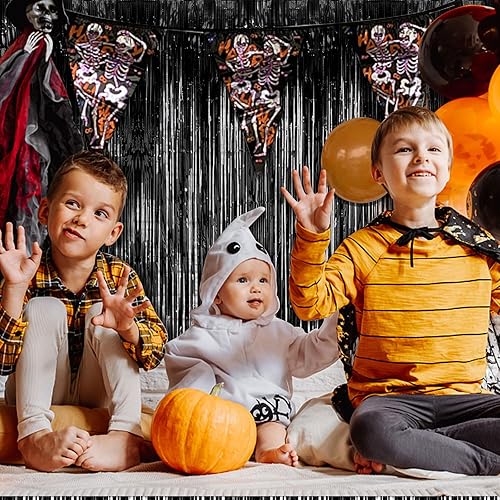 Miniatura 4 de Paquete de 2 cortinas negras para fiestas, telón de fondo de oropel de papel de aluminio, decoraciones de fiesta de Halloween, cumpleaños,