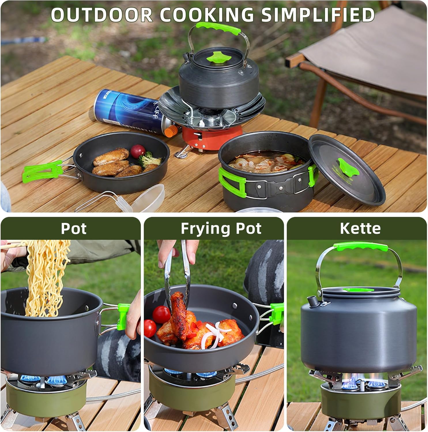aiGear Camping Cooking Set Cookware Mess Kit with Storage Bag Pot Pan and Teapot Set Camping Accessories for Outdoor Camping Hiking Picnic Portable and Lightweight Aluminum Color Green,Black,Orange