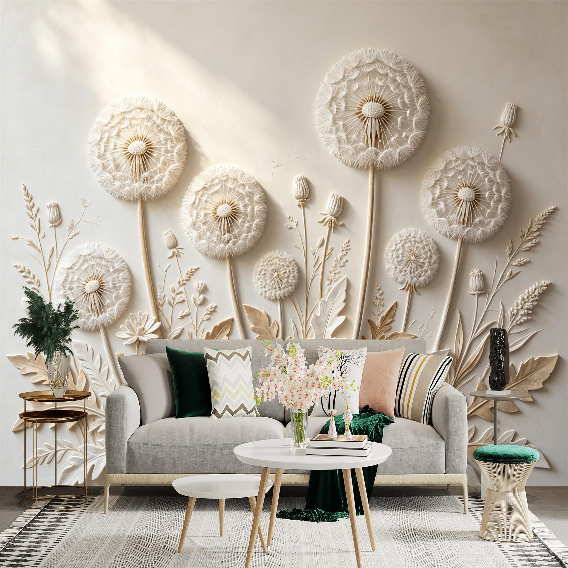 Lnzczhyre Dbh260521956 Custom Size Wall Sticker Mural， White Dandelion Flowers， 3D Relief Floral Pattern， Elegant Botanical Illustration， For Wall Decoration， Peelandstick Wall Decals.